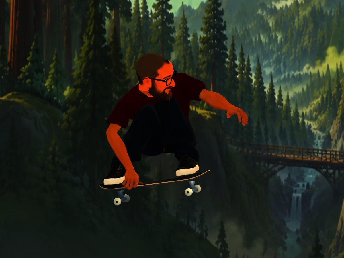 Drop In gameplay: a skateboarder grabbing the board in midair above a forest trail