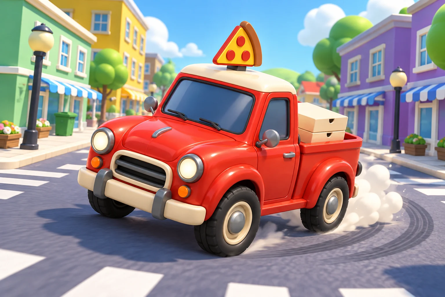 Pizza Time: Delivery Dash promotional artwork: a red pizza delivery pickup drifting through a colorful toy town