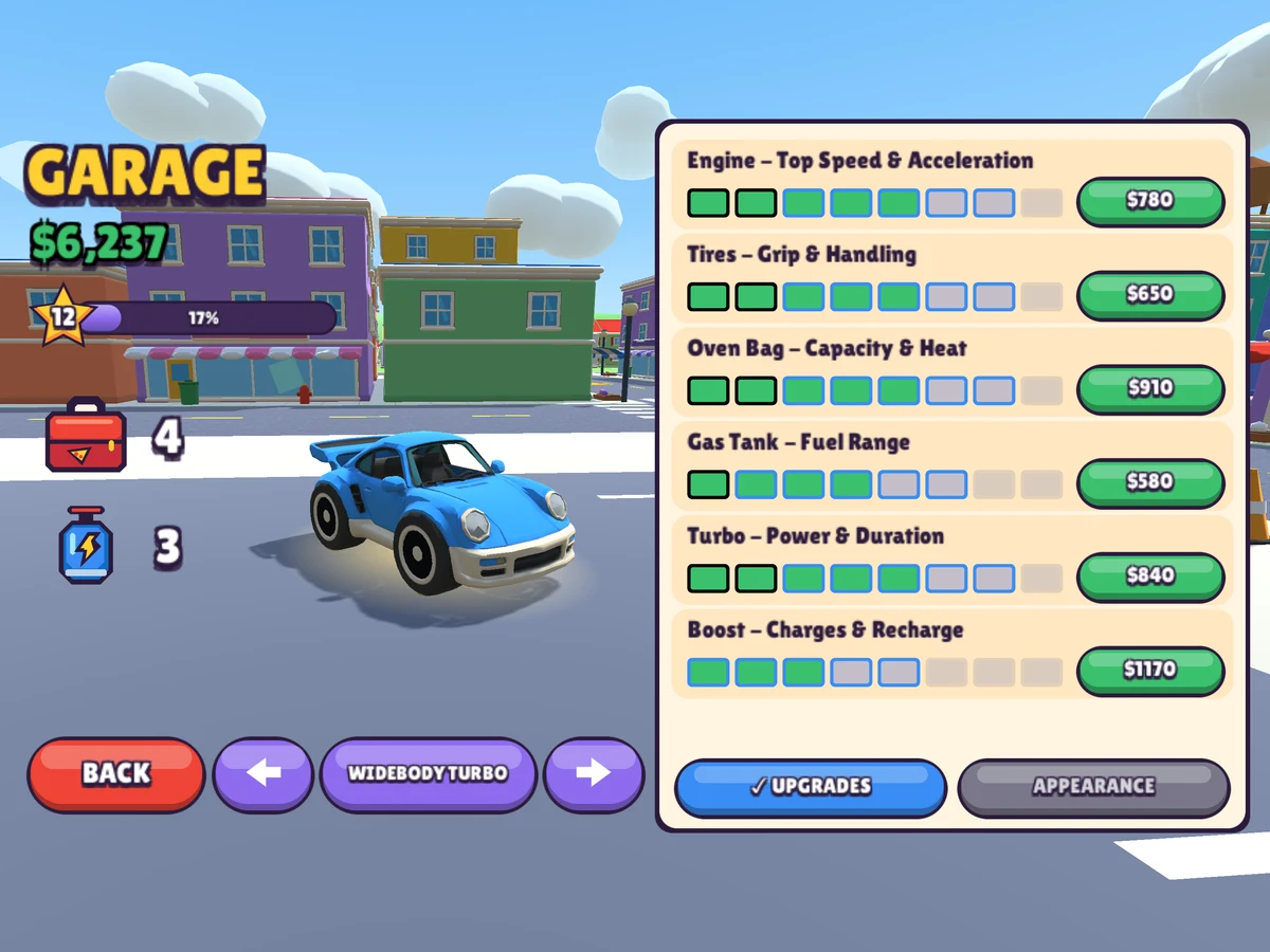 Version 1.0 garage showing the Widebody Turbo and six upgrades bought with earned in-game cash