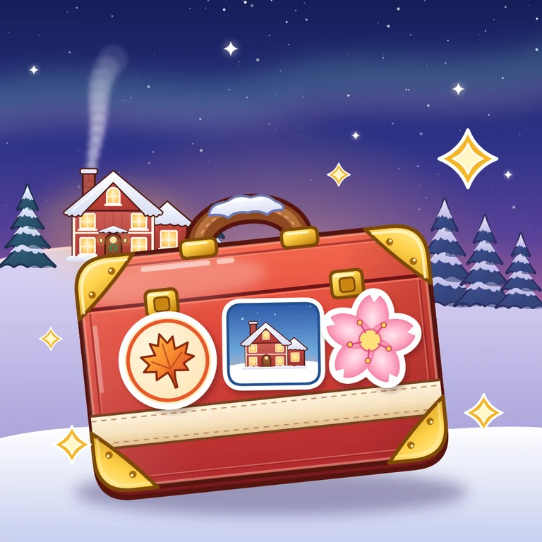 Venture artwork: a travel suitcase covered in destination stickers beneath a starry winter sky