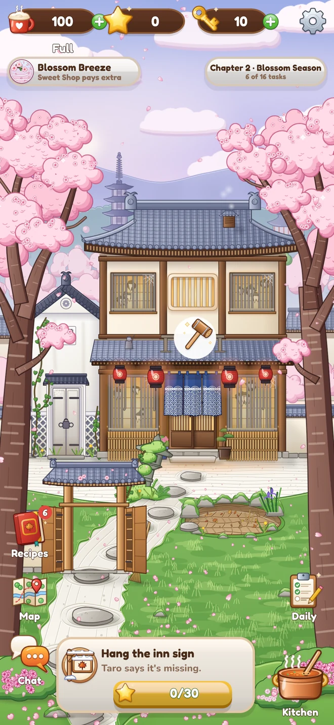 Venture gameplay: a Kyoto guest house framed by cherry blossoms, with the next renovation task below