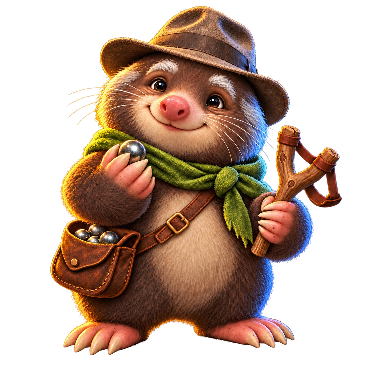 Milo the mole, holding his slingshot and a moonsteel marble
