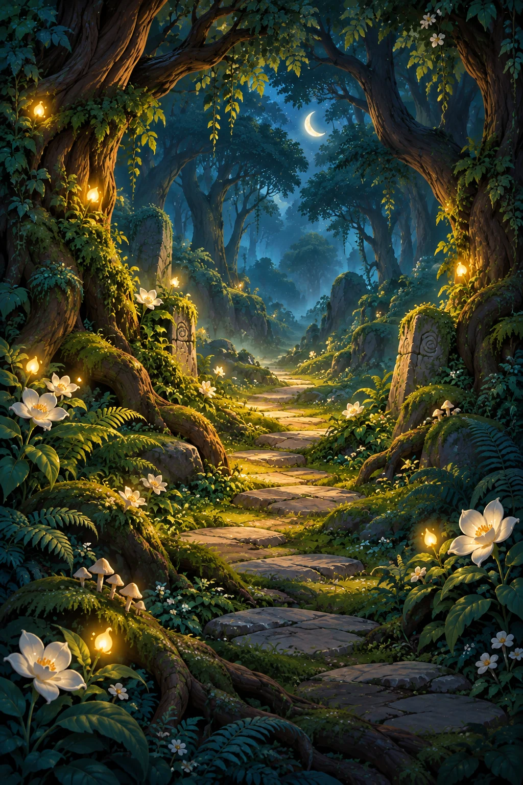 Moonlit woodland glowing with golden fireflies